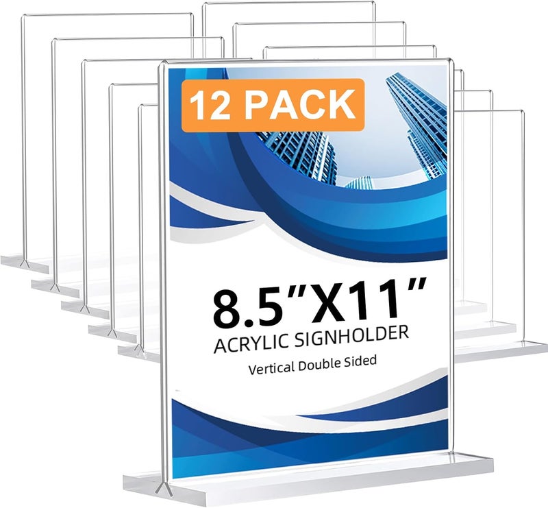 DECOHOBO 12 Pack Acrylic Sign Holder 8.5 x 11, Double-Sided Clear Sign Holder Plastic Stands for Display, T Shape Acrylic Table Sign Stands for Office Store Restaurants Wedding Party Decoration - Image 1